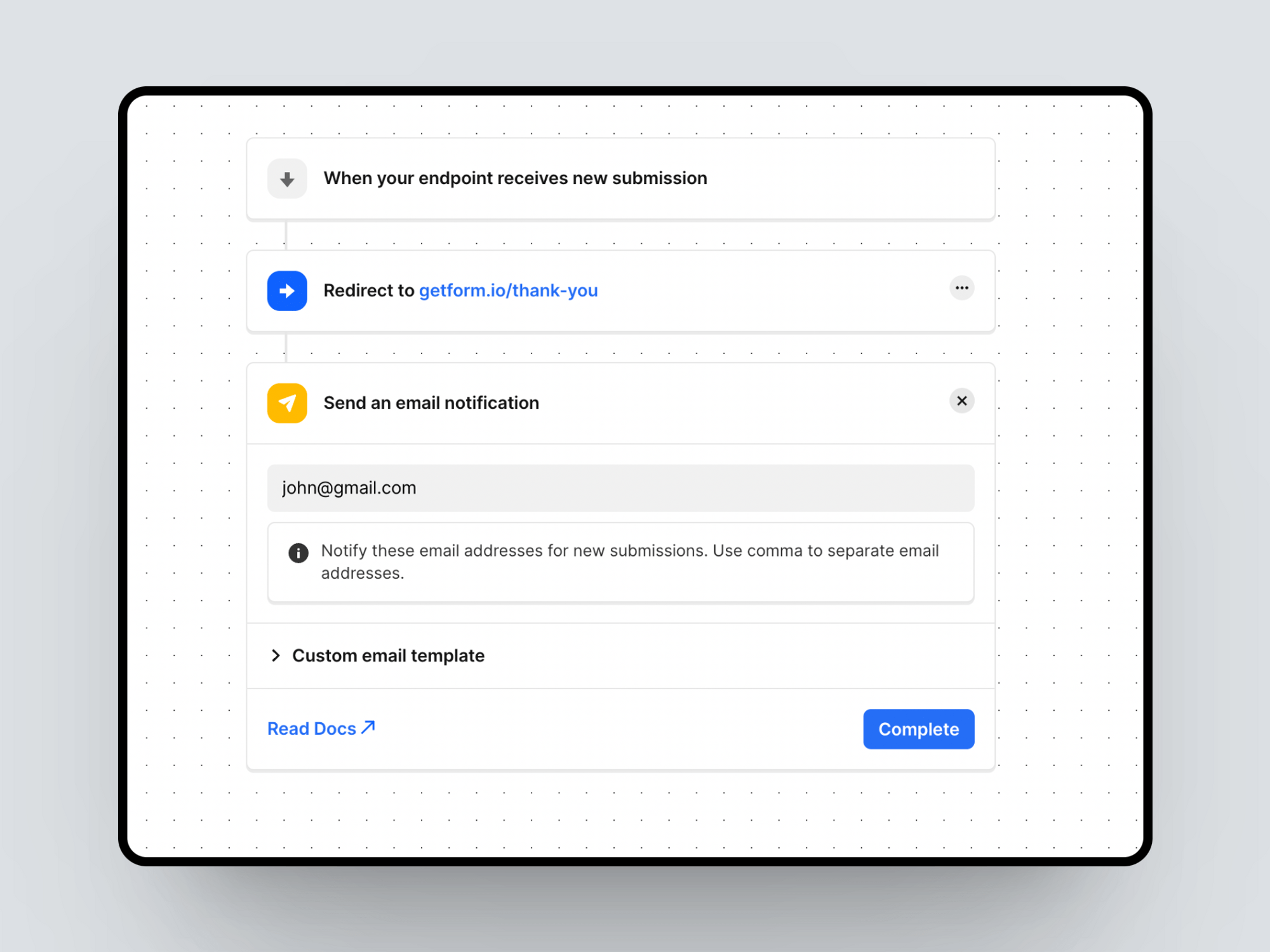 Webflow form sending email notification with Getform